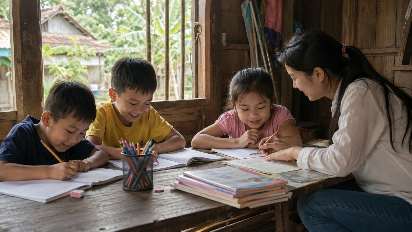 Children receiving tutoring inside a village home
