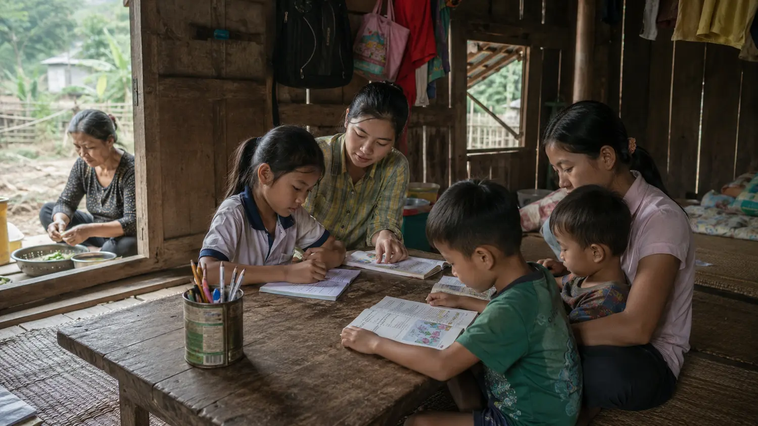 Children learning with a tutor inside a modest village home