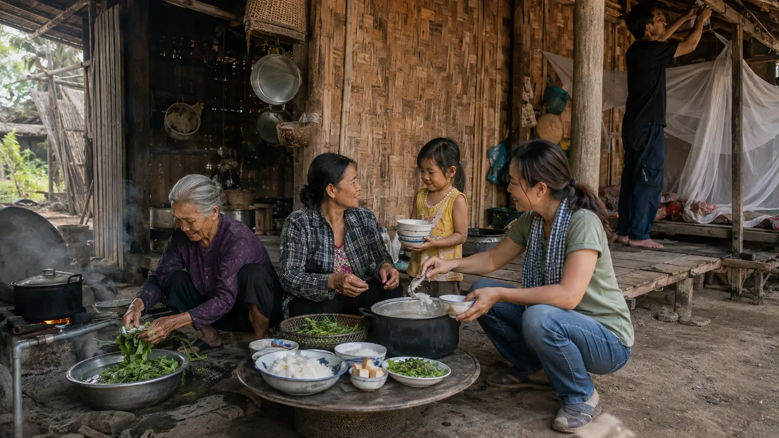 An elder, children, and volunteers preparing a meal together beside a village home