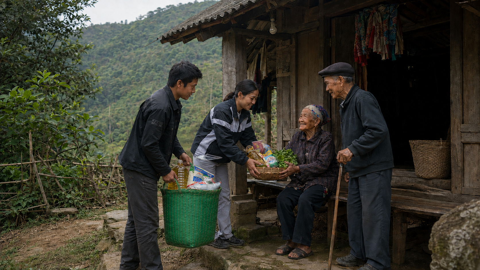 Volunteers delivering food to a family