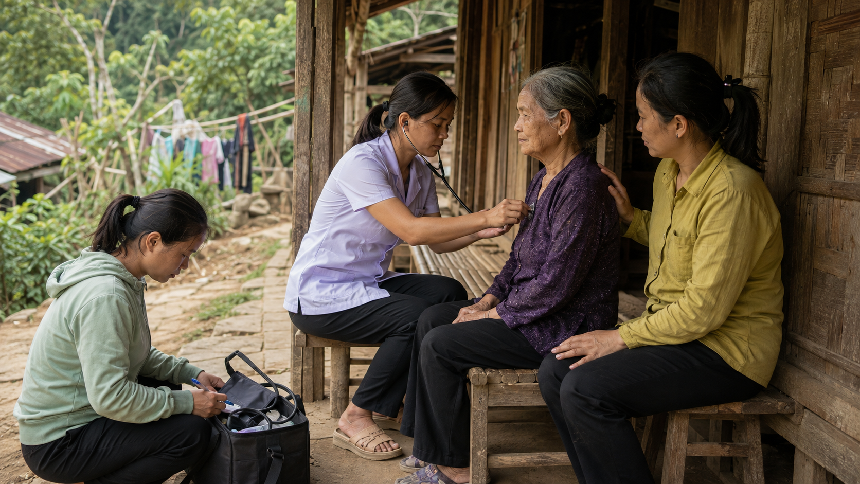 A health worker examining a child during a home visit