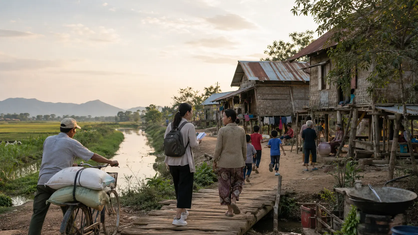 A rural Vietnamese village community at the end of the day