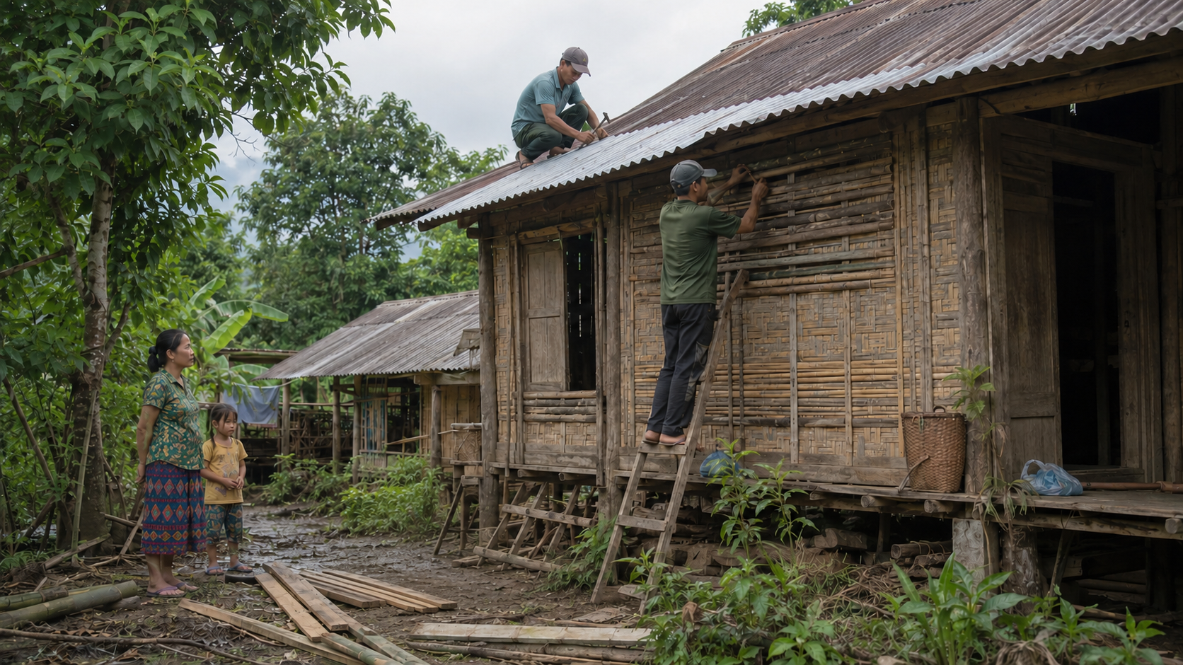 A family and volunteers repairing a weathered home