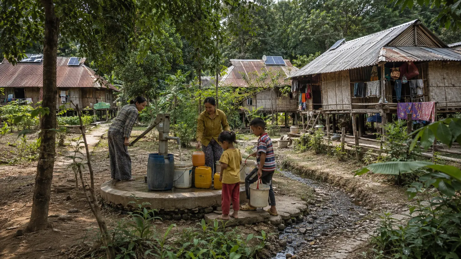 Families using a shared hand pump behind village homes